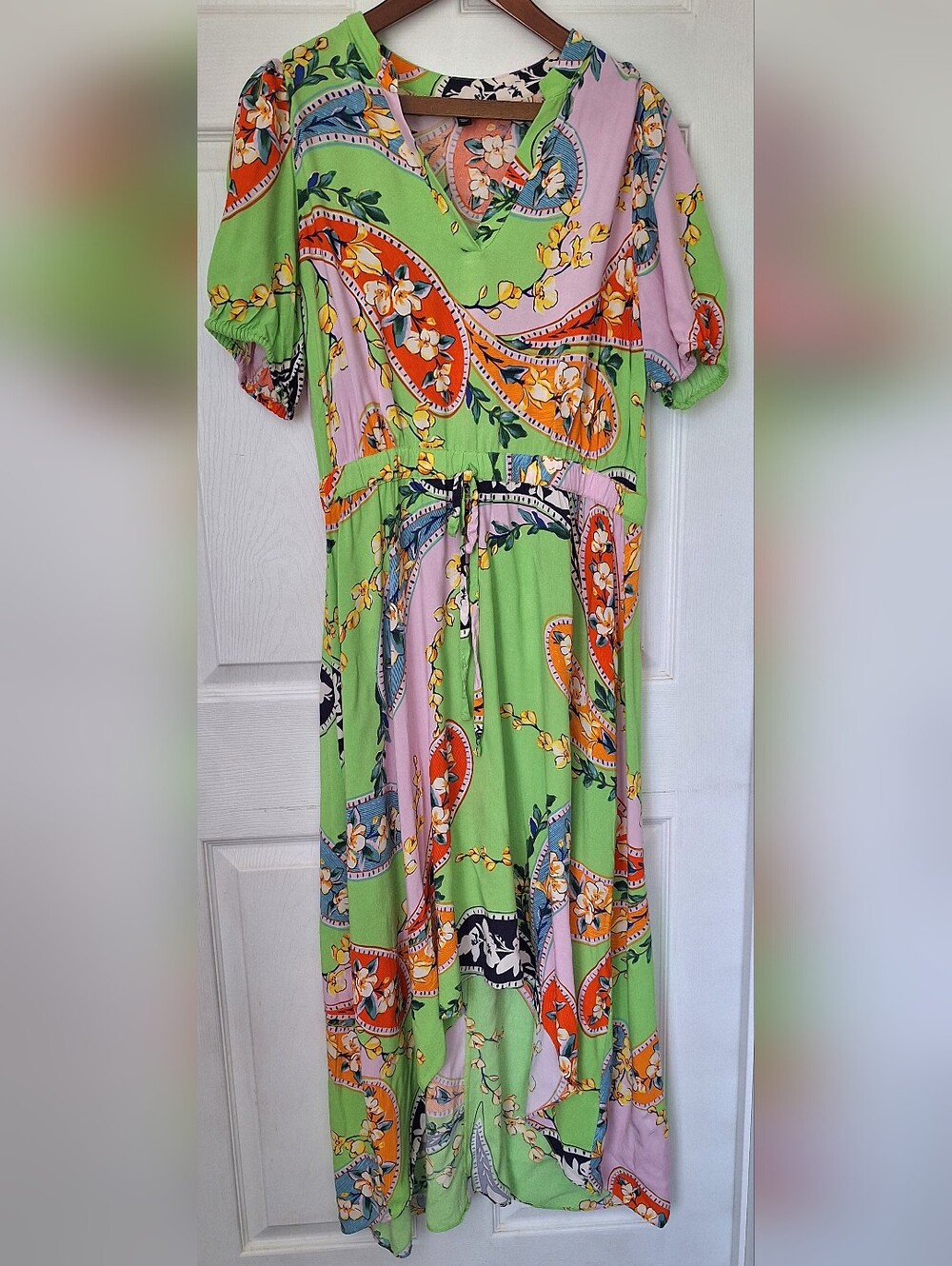MSK Tropical Floral Midi Dress Large Green Pink Boho Resort Dress